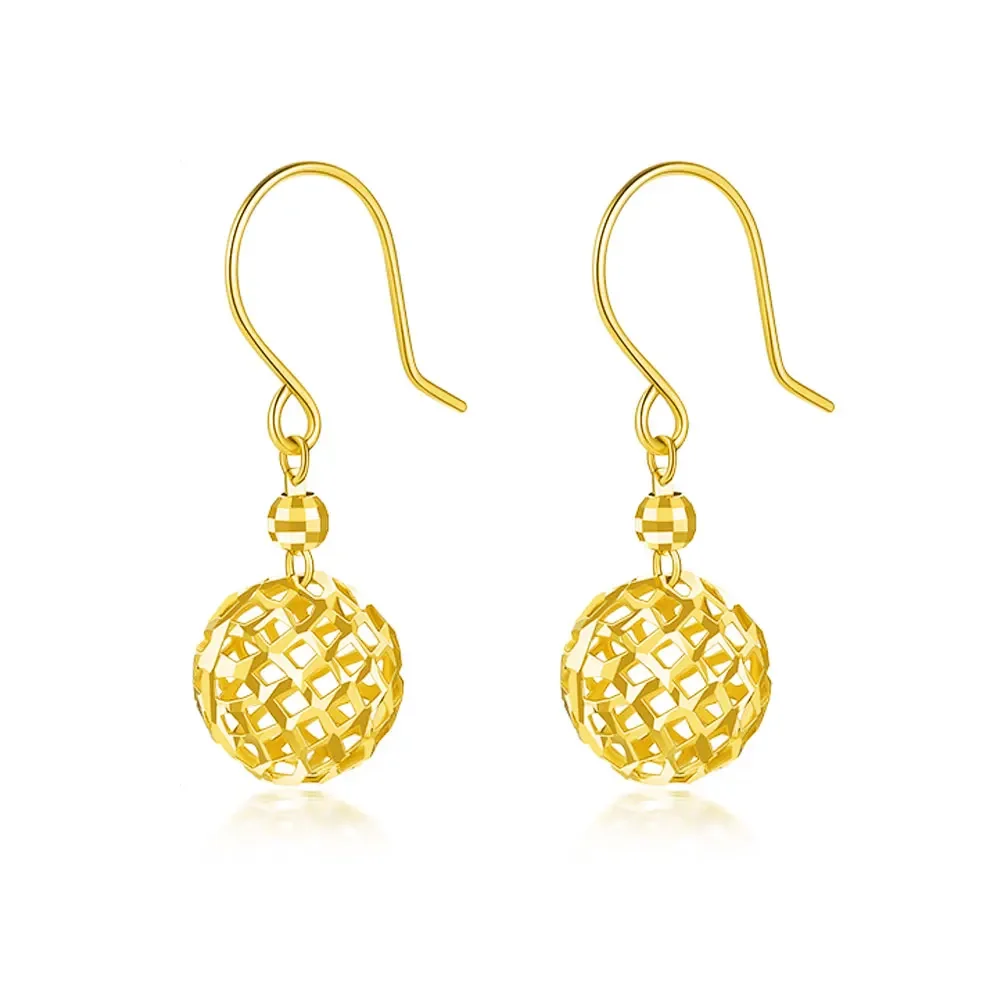 Solid 18k Gold Ball Earrings Dangle for Women Real Gold, Dainty Tiny Hollow Earrings Hooks Gift for Girl, Pure Gold Certificate