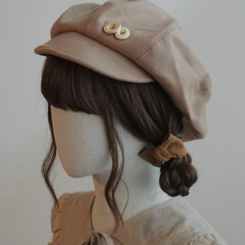 Koreanische und japanische handgefertigte Wolkenmütze & Baskenmütze, Herbst-Winter-Gesichtsformungsmütze in warmem braunem Mallard-Farbton, niedlicher Retro-Stil – Detail 3