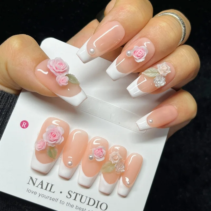 Faux ongles français à motifs floraux colorés, brillant, rose doux, paillettes, cercueil moyen, à pression, uniques, faits à la main, 10 pièces