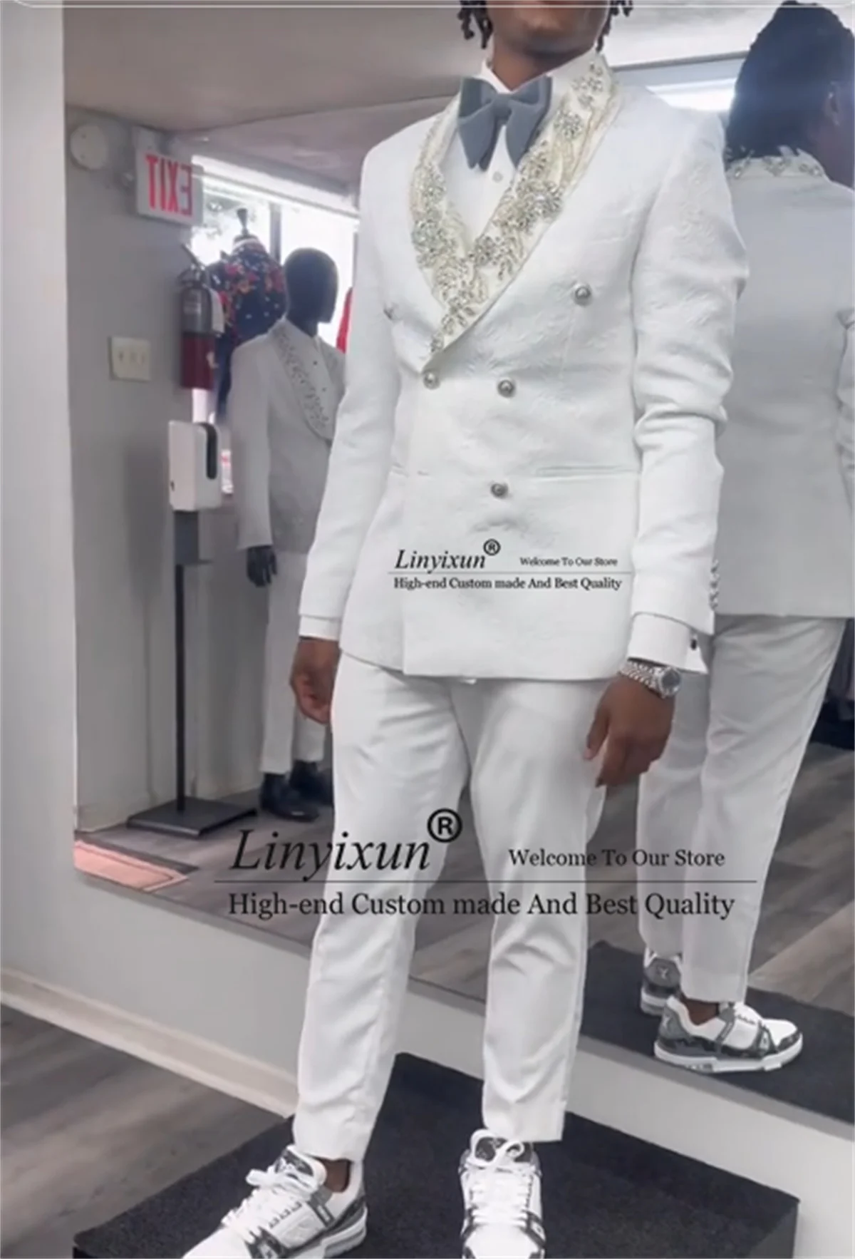 

High End Rhinestons Men Suits Customized Wedding Groom Tuxedos 2 Piece Set Male Prom Blazers Slim Fit Jacquard Costume Homme