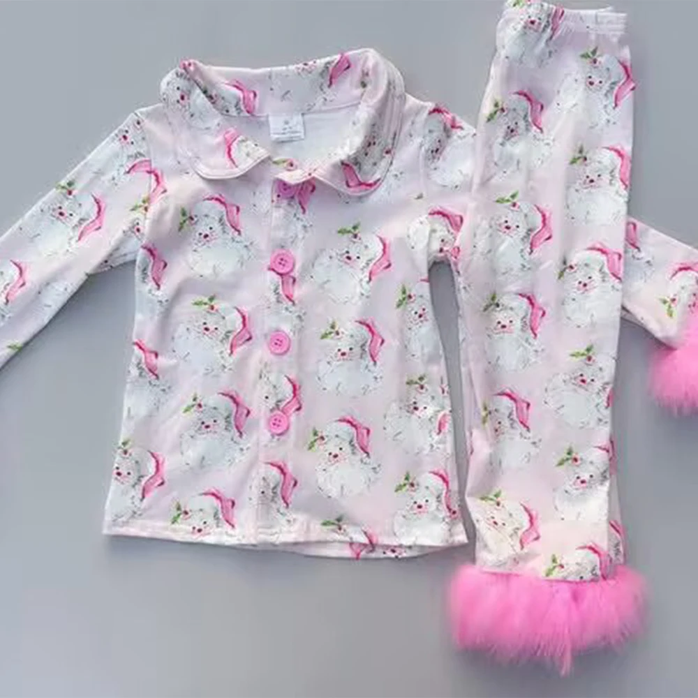 طقم بيجامات سانتا كلوز الوردي للفتيات الصغيرات مع فراء مزخرف بأزرار سفلية وسروال لعيد الميلاد للأطفال