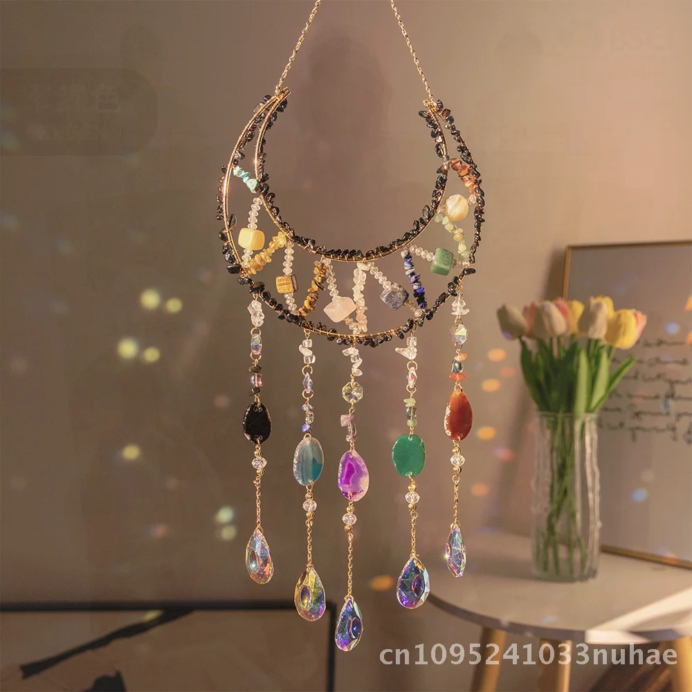 

Natural Agate Crystal Pendant Sunshine Catcher Garden Light Wind Chime Black Cat Square Moon Theme Decorative Outdoor Craft