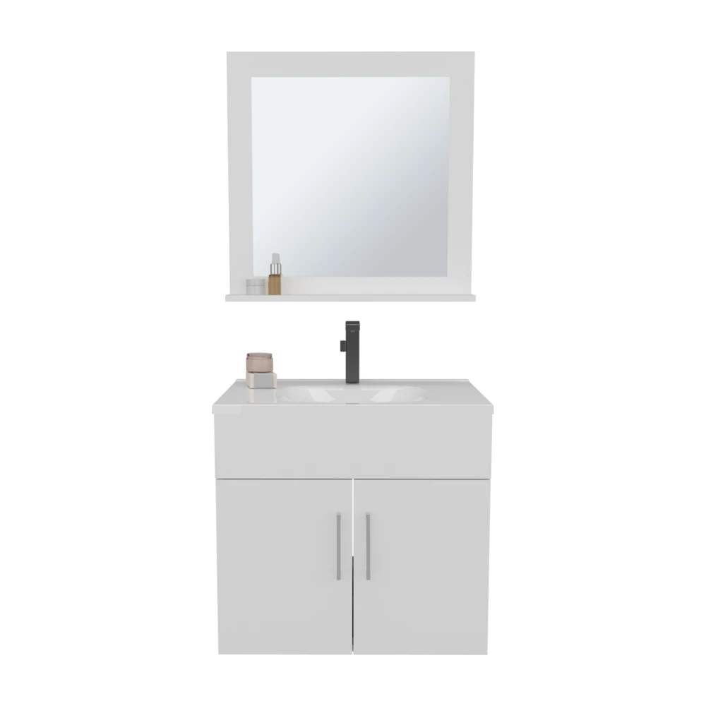 

Bathroom Set, Vanity Sink + Mirror, 2 Doors, 1 Shelf, 1 Mirror, White bathroom vanity cabinet with sink