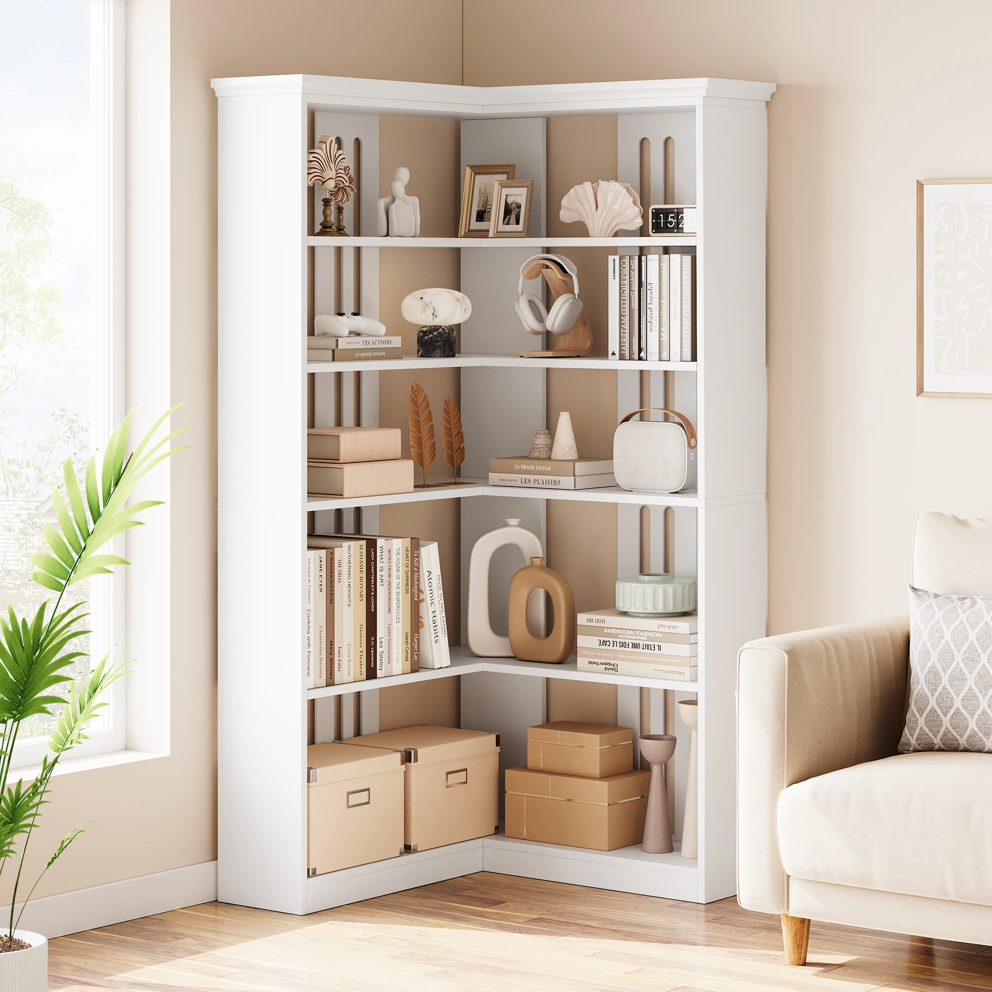 Corner Book Shelf, Farmhouse Bookcase, with Doors Modern Storage Rack 5 Shelf, Tall Standing Bookshelves, L Shaped Large Display Racks Book Shelf