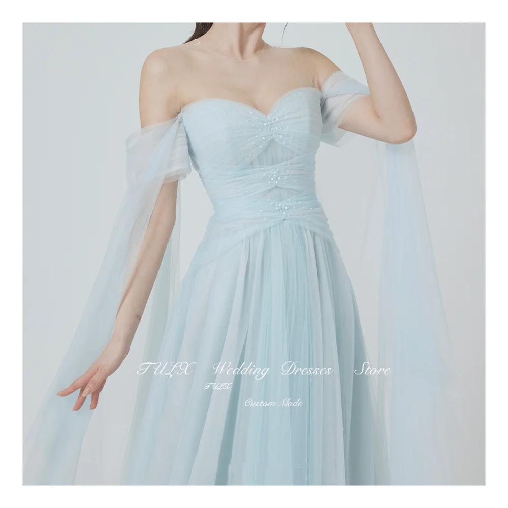 TULX Korea Photoshoot Tulle Light Blue Fairy Wedding Dress A Line Bridal Gown Long Women Sweetheart Corset Back 웨딩드레스