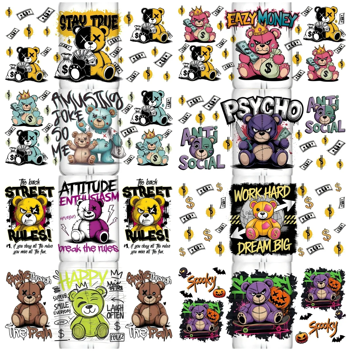 

Spooky Bear Series UV DTF Cup Wrap For 16oz Libbey Coffee Glass Psycho Bear Street Style 3D Sticker Chucky Cup Wraps