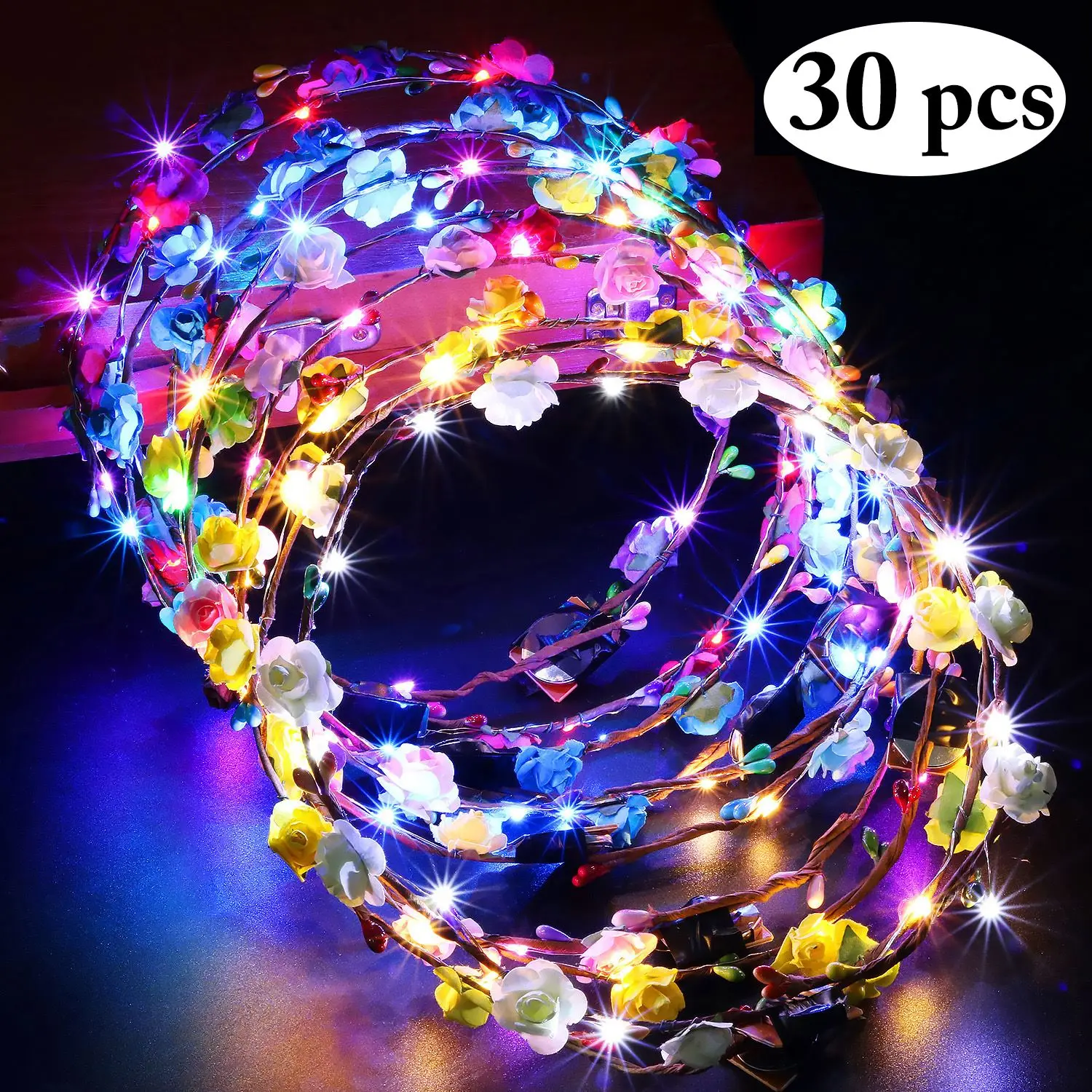 30Pcs/Set Flower Wreath Fashion Light Up Flower Crown Hair Wedding Wreath Floral Headpiece Party Favor Luminous Hair Hairband