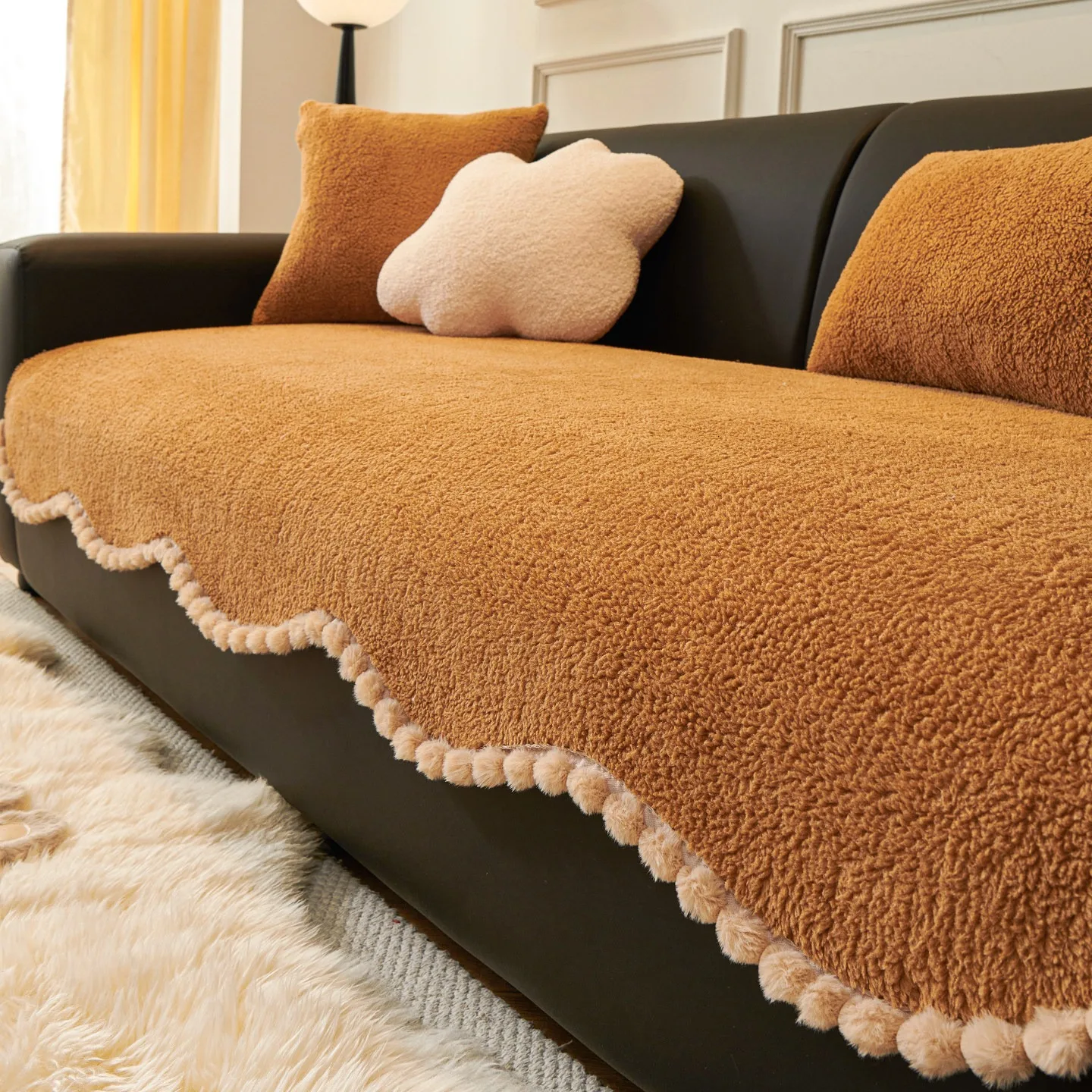 1pc Solid Sherpa Non-Slip Cover with Fuzzy Pom-Poms Decor, Machine Washable Couch Seat Cover Furniture Protector