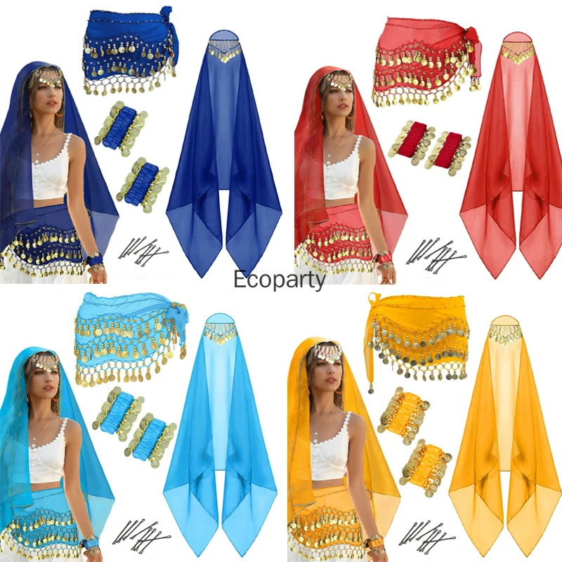 5pcs Fashion Belly Dancing Costume Accessory Set Red Blue Chiffon Scarf Waist Chain Hand Moven Set Women Stage Performance Props