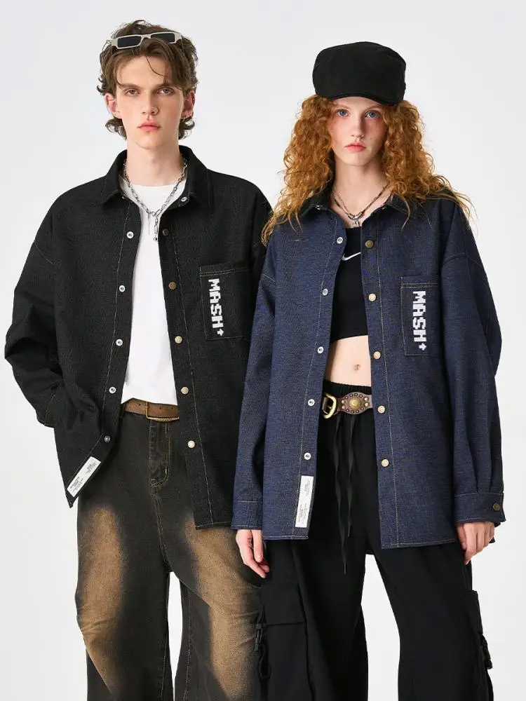 

American Style Couple's Jackets 202 Spring And Autumn Turn-Down Collar Men And Women Pocket Decoration Loose Denim Coats Jackets