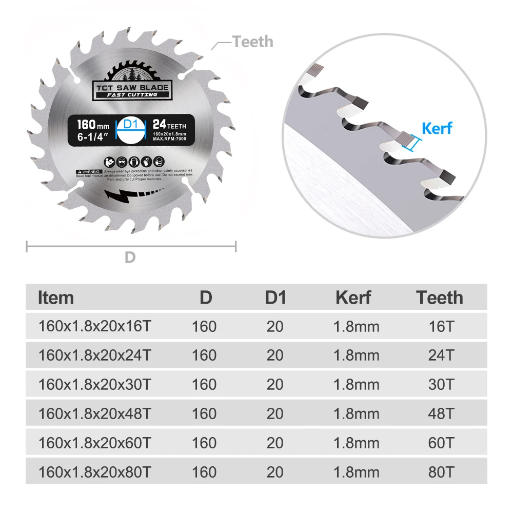 XCAN 1pc 160mm Circular Saw Blade 16/24/30/48/60/80T TCT Wood Cutting Disc Bore 20mm Woodworking Cutting Tools