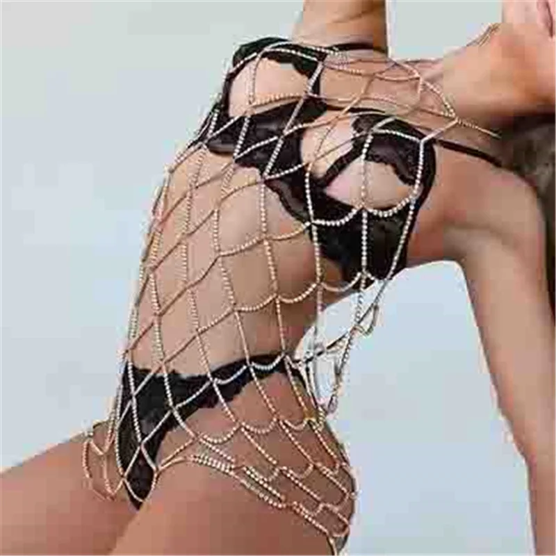 

Body Jewelry Mesh Rhinestone Dress Body Chain Sexy Bikini Beach Bikini Chest Chain European Stylebody chain