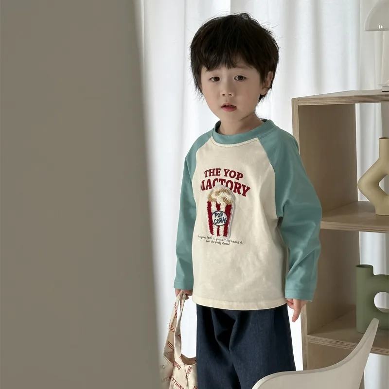 2025 Spring Autumn boys and girls fruit embroidery T shirts unisex children contrast color long sleeve Tops