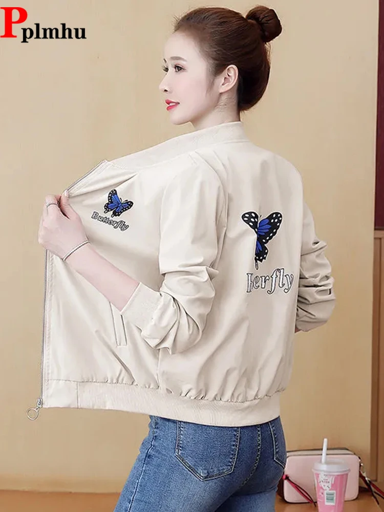 Butterfly Print Short Jackets Spring Fall Fashion Baseball Jacket Casual Long Sleeve Chaquetas Loose Women's Zipper Ceketler