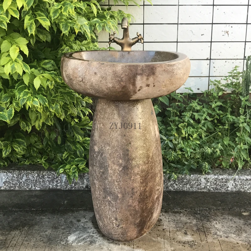 Natural Stone Wash Basin Integrated Balcony Outdoor Wash Basin Courtyard Column Washbasin Antique Outdoor Pool