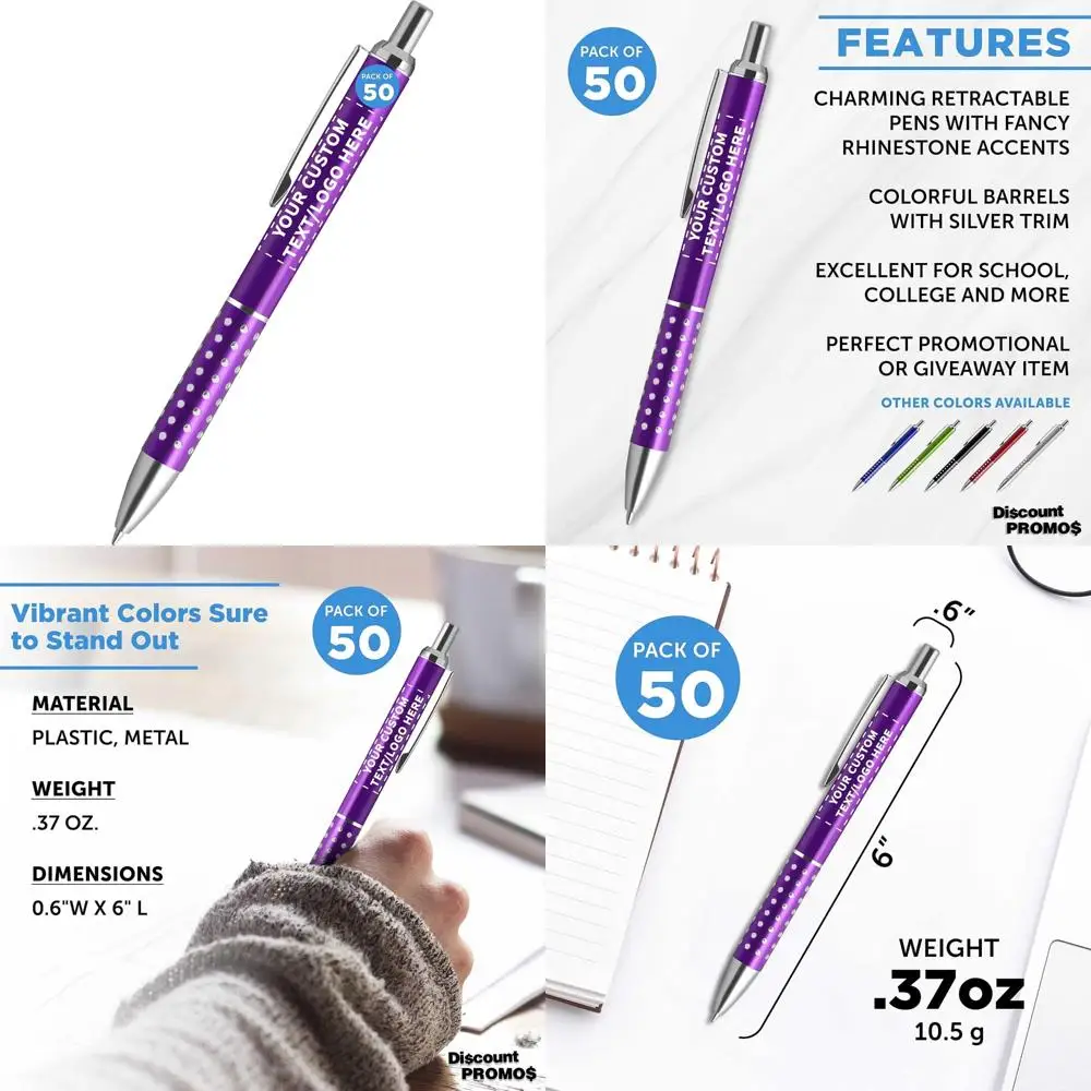 أقلام أرجوانية قابلة للسحب مع لهجات حجر الراين - 50 عبوة، وخيارات نص وشعار مخصصة، وأقلام بلاستيكية للمحترفين #1