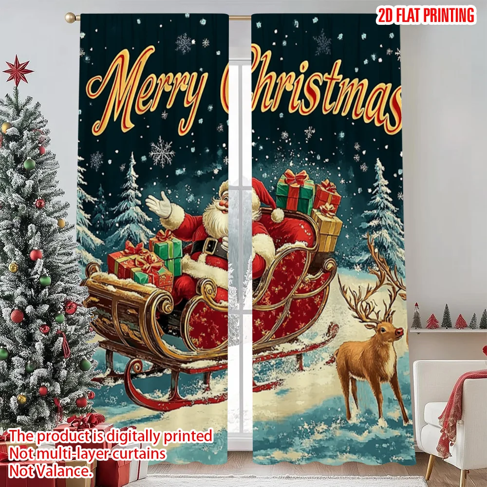 

2pcs 2D flat printing Christmas Party Curtain Santa Claus Reindeer Tree Durable 100% Polyester Fabric Without Electricity Spring