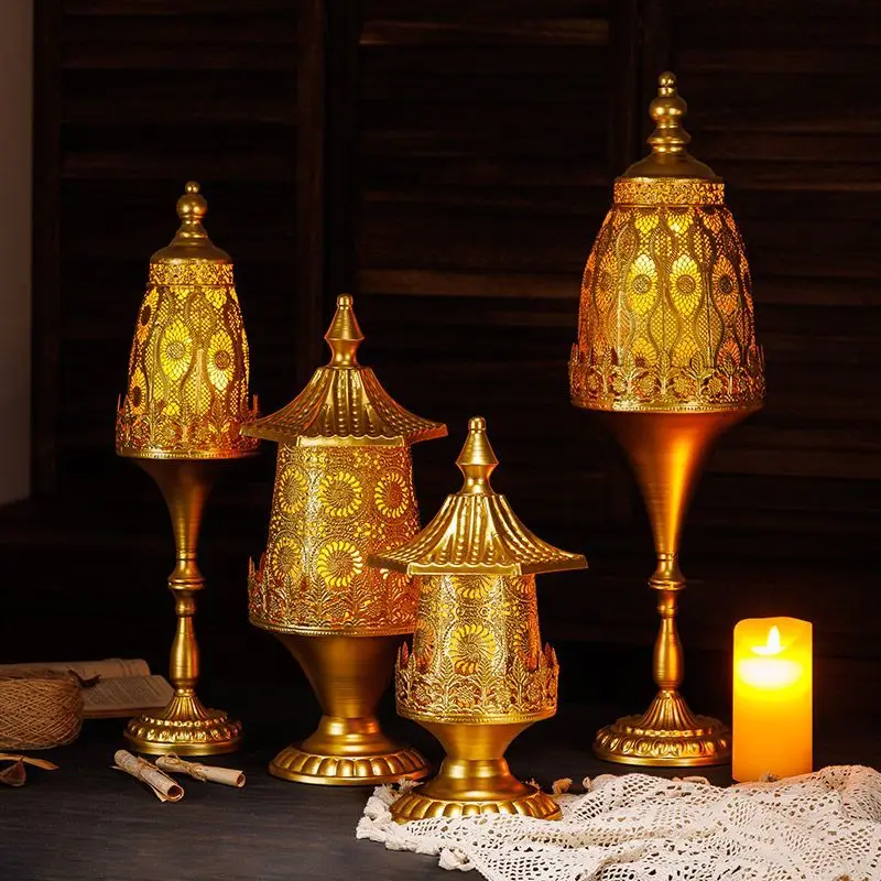 ironwork handicraft, hollowed-out 1PC Large vintage and aged golden electronic candlestick, photo prop, atmosphere wind light
