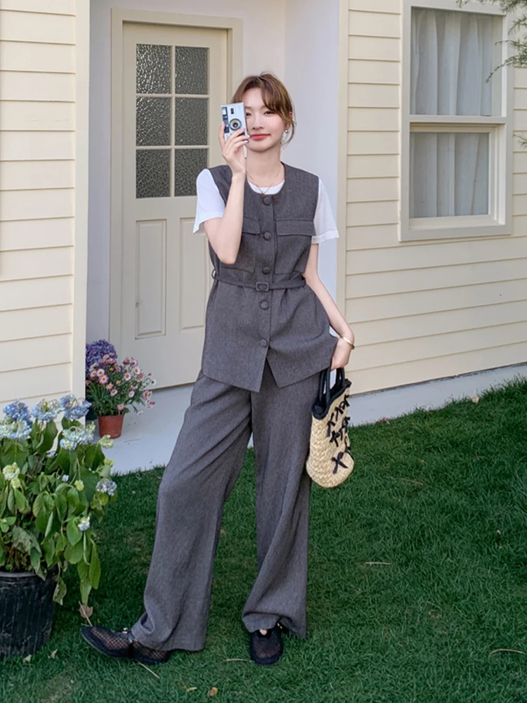 

Ey Повседневные широкие брюки с высокой талией, комплект футболок, женский летний ансамбль Faion, полиэфирное волокно, круглый комплект на пуговицах