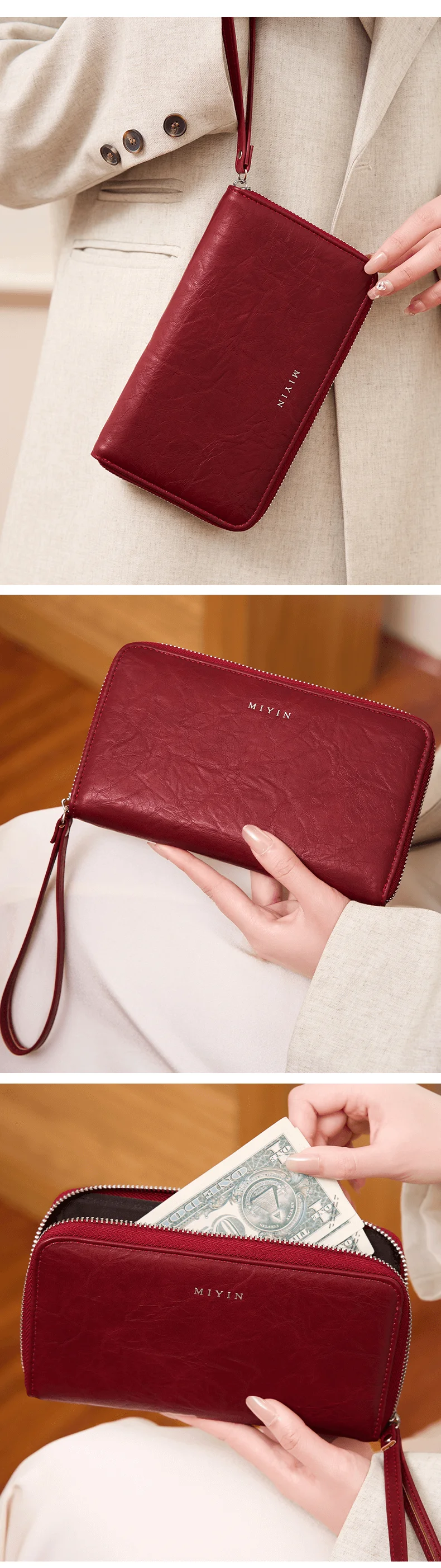 RFID-Diebstahlschutz Damen-Clutch-Tasche Retro Multi-Kartenfach Akkordeon-Geldbörse Einfarbig Große Kapazität Reißverschluss-Kartenhalter – Detail 4