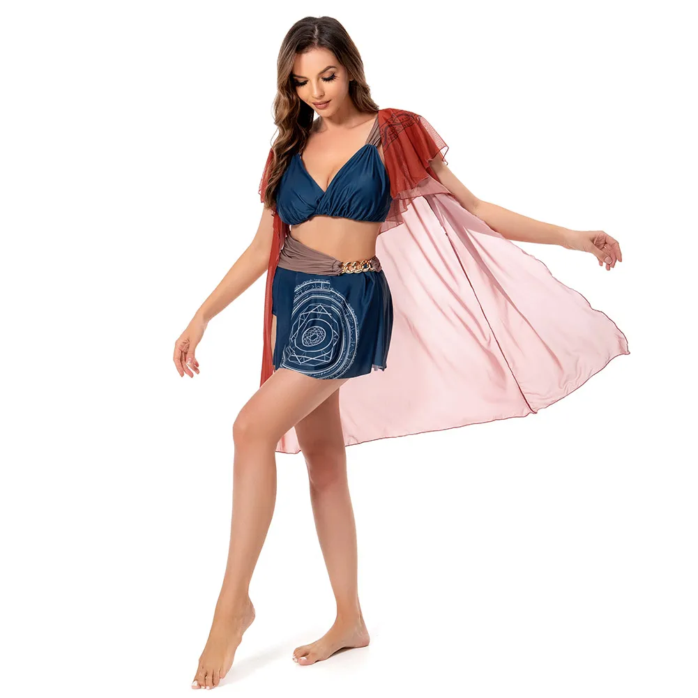 Traje de baño de Halloween para mujer, traje de baño con capa Sexy, conjunto de Bikini rojo y azul para verano