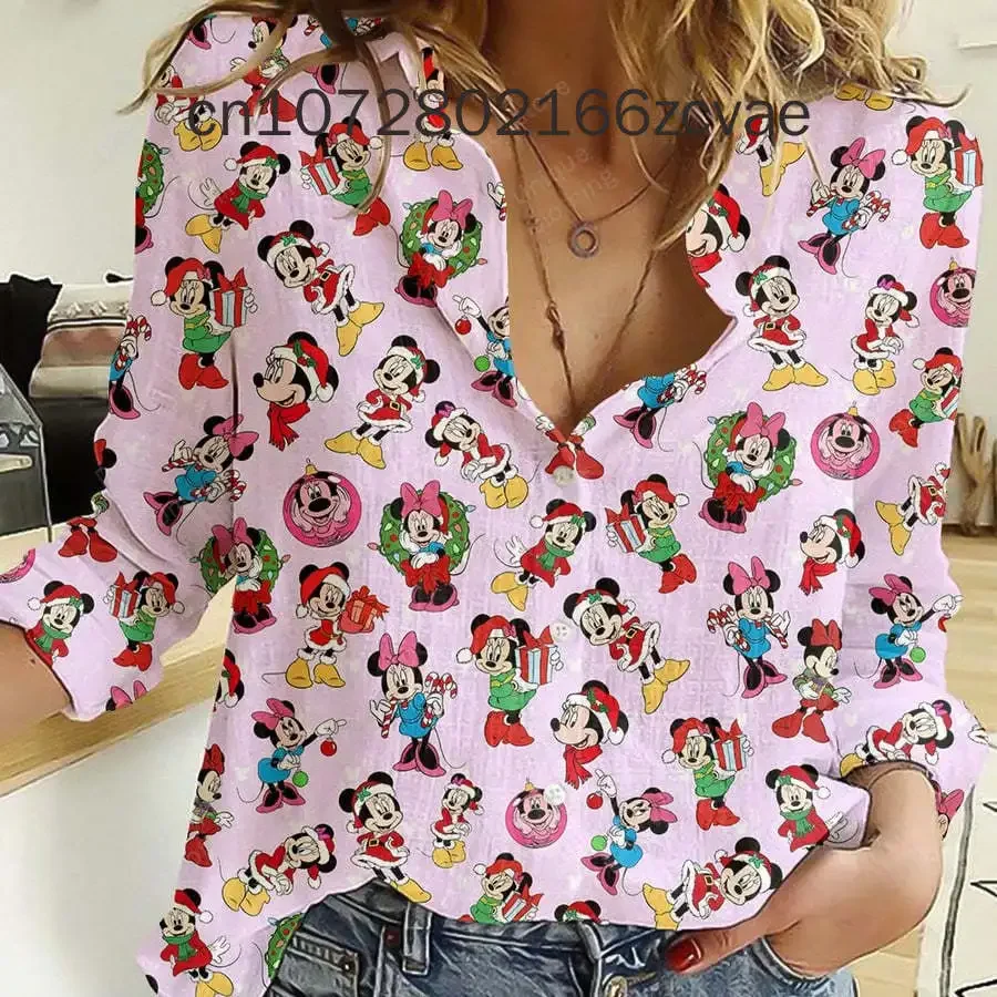 Summer New Disney Minnie Mouse Women\'s Long Sleeve Shirt Disney Button Cardigan Temperament Simple Shirt Street Women\'s Shirt