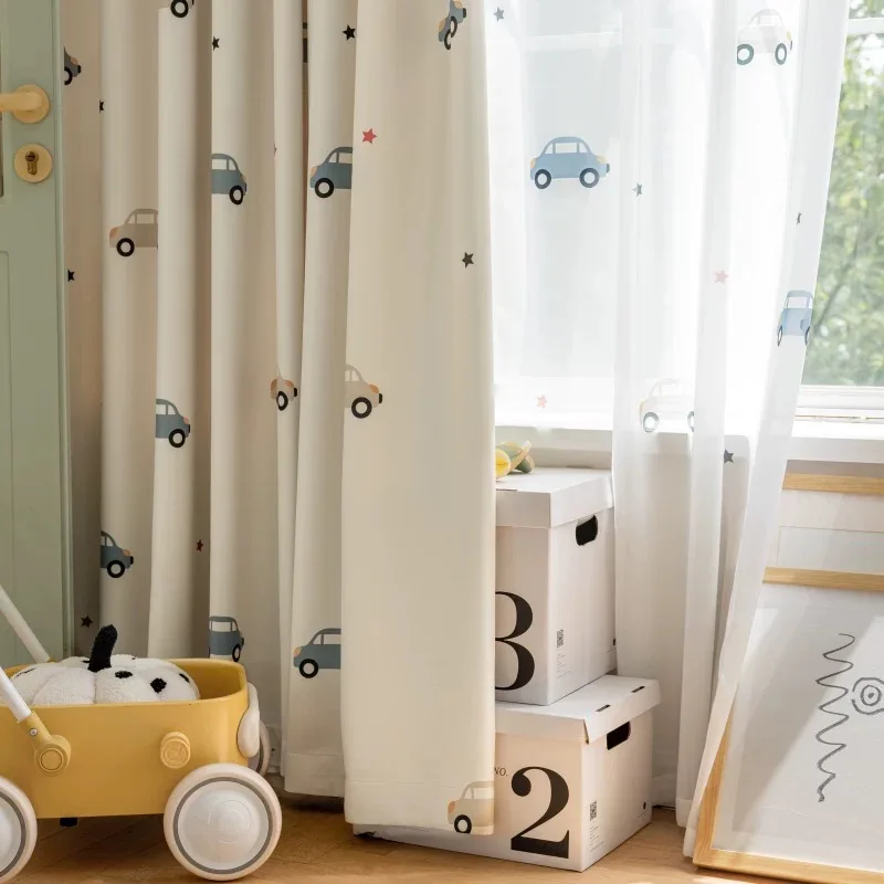 1PC Cute Cartoon Car Children\'s Blackout Curtains, Beige Shading Curtains For Kids Bedroom Window Decoration,  Tulle Curtains