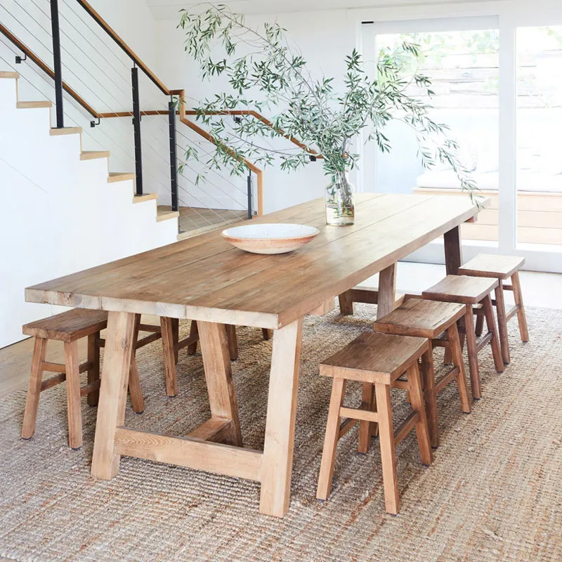 Retro solid wood dining table and chair combination American bed and breakfast restaurant Home living room Log large table