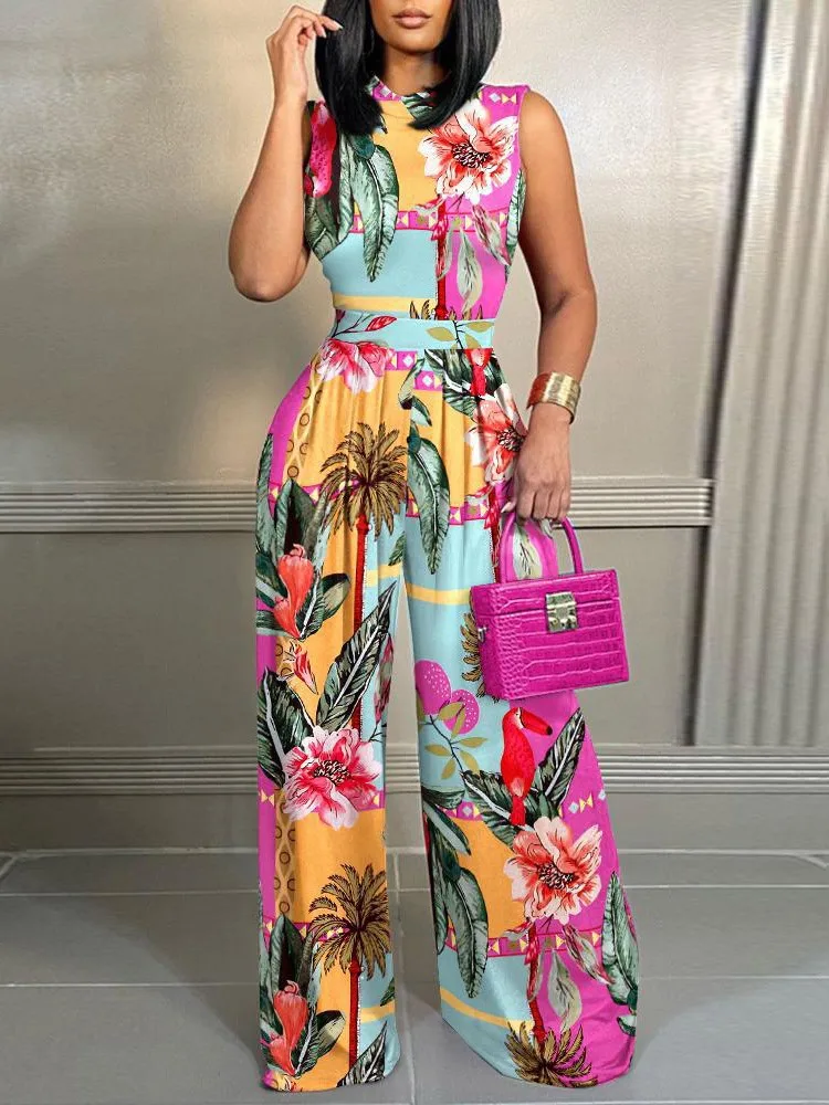 

Elegant Jumpsuit For Women Spring New Round Neck Sleeveless Casual Jumpsuit High Waist Wide Leg Pants Female Overalls Rompers