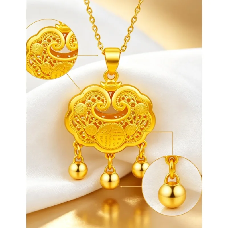 1Pc Chinese Style Fu Character Peace Lock Titanium Steel Necklace, Real Gold Plated Color Retention Ethnic Clavicle Chain