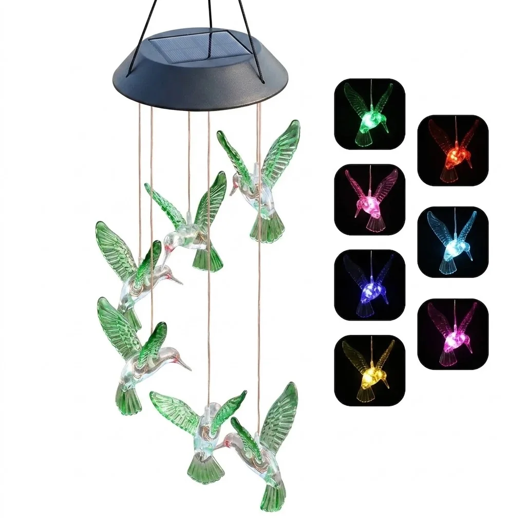 Solar Power Hummingbird Wind Chimes Pendant Lights Solar Rechargeable Lanterns Outdoor Garden Yard Waterproof Decorative Lamp