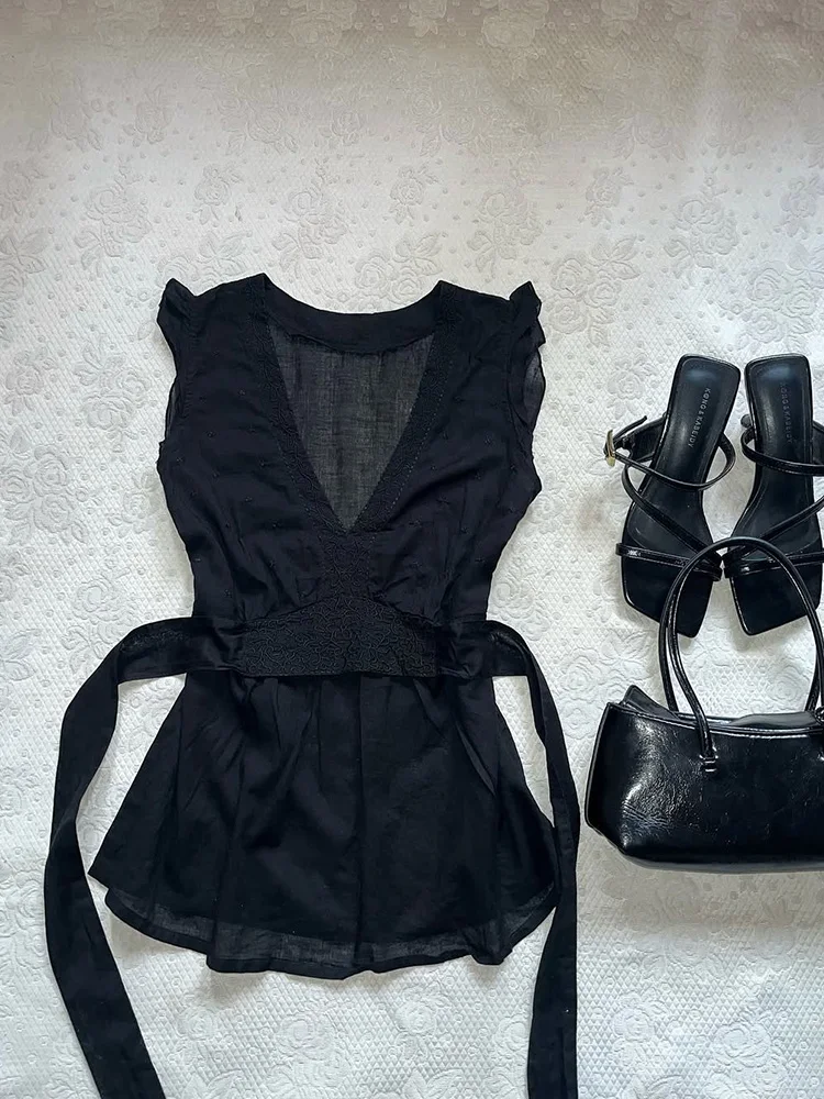 

Original Design Bla Svel irt Versatile Retro Sle Summer New Arrival for Young Women Commute Sle Cotton Blend