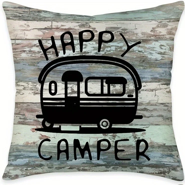 Home Decor Happy Camper & Let'S Go Camping Adventure Pattern Cushion Cover Suitable For Sofa Bedroom Car Pillow Cover