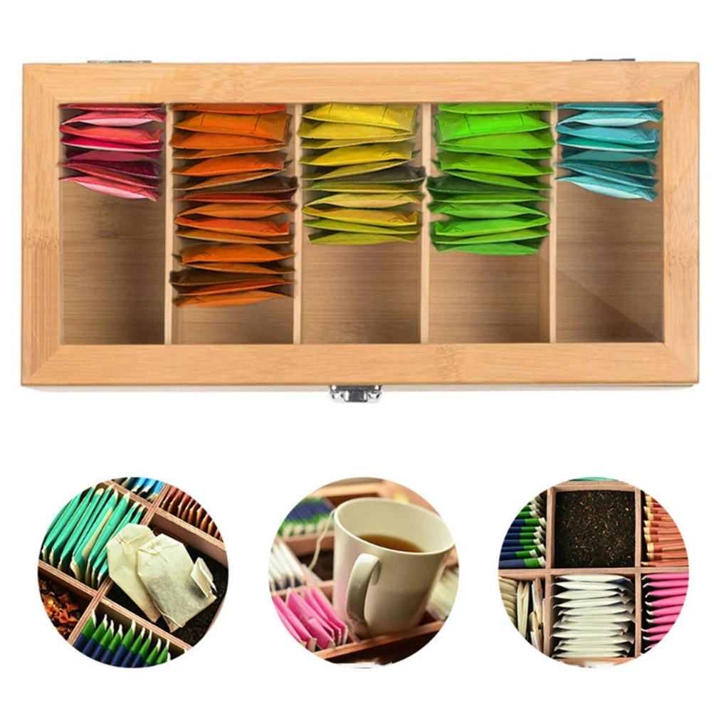 Multifunctional Bamboo System Tea Bag Jewelry Organizer Storage Box 5 Compartments Tea Box Organizer Sugar Container