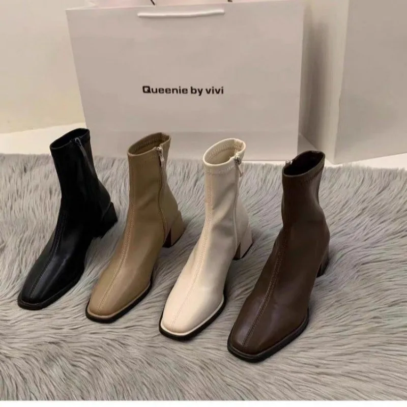 2026 Autumn Four-color Women's Short Boots, Square-toe Thick Heel Side Zip Nude Leather Short Boots, Chelsea Boot, Ankle Boot