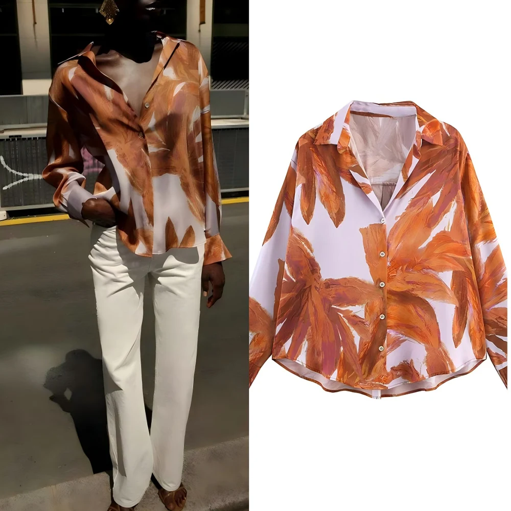 

Women's 2025 new fashion casual satin texture printed shirt retro long sleeved button up women's shirt chic top