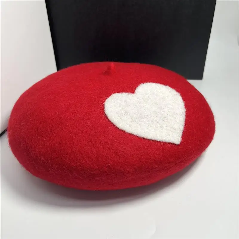 New DIY Women Beret Red Black White Big Heart Love Thick Wool Felt Adult Kids Beanie Painter Handmade Warm Beret Cap