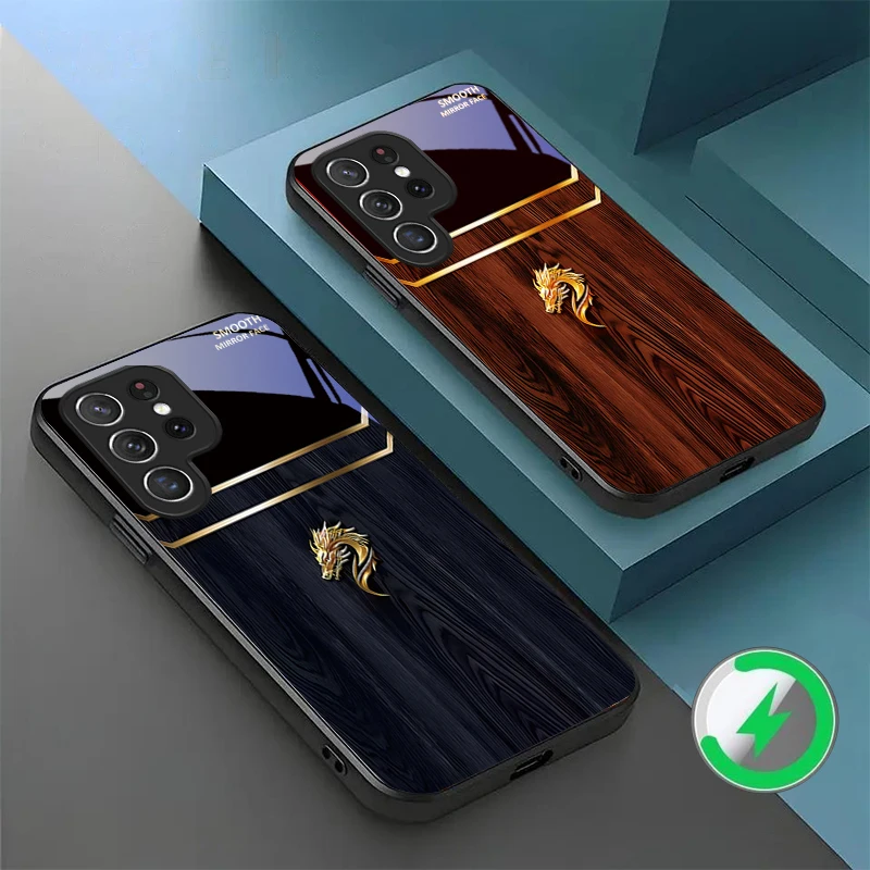 Fashion Golden Dragon For Samsung Galaxy S20 FE S21 S22 S23 Plus S24 Ultra S25 Edge S24Ultra For Magsafe Glass Phone Casee