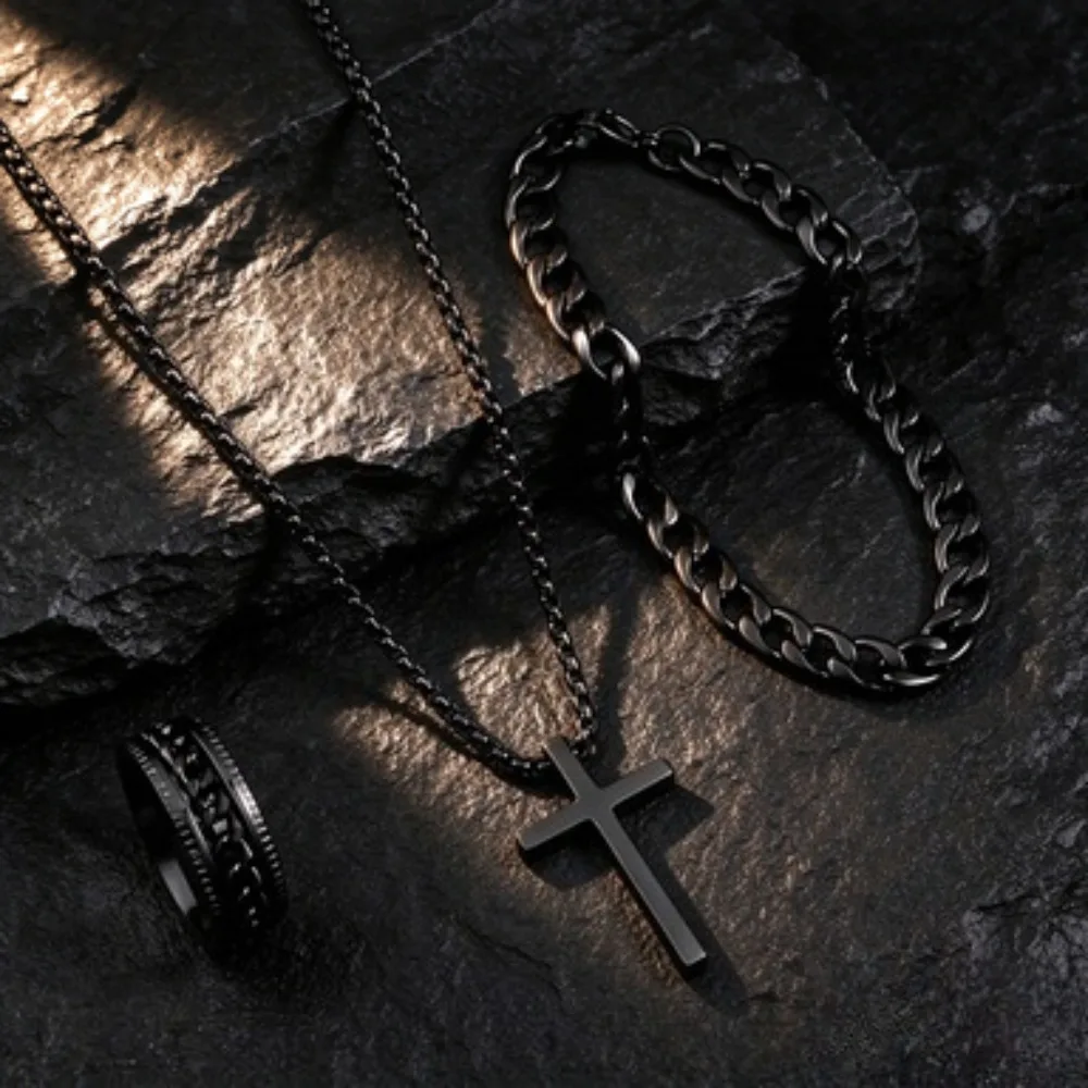 Punk Cross Pendant Necklace Bracelet Chain Ring Men's Set Simple Personality Hip Hop Party Three Piece Jewelry