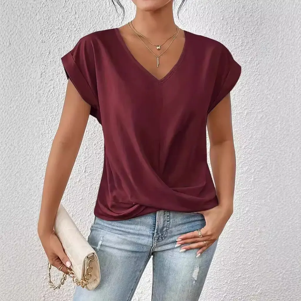 

Women's Elegant V-neck T-shirt Solid Color Short-Sleeved Top for Spring And Summer Fashionable Casual Wear