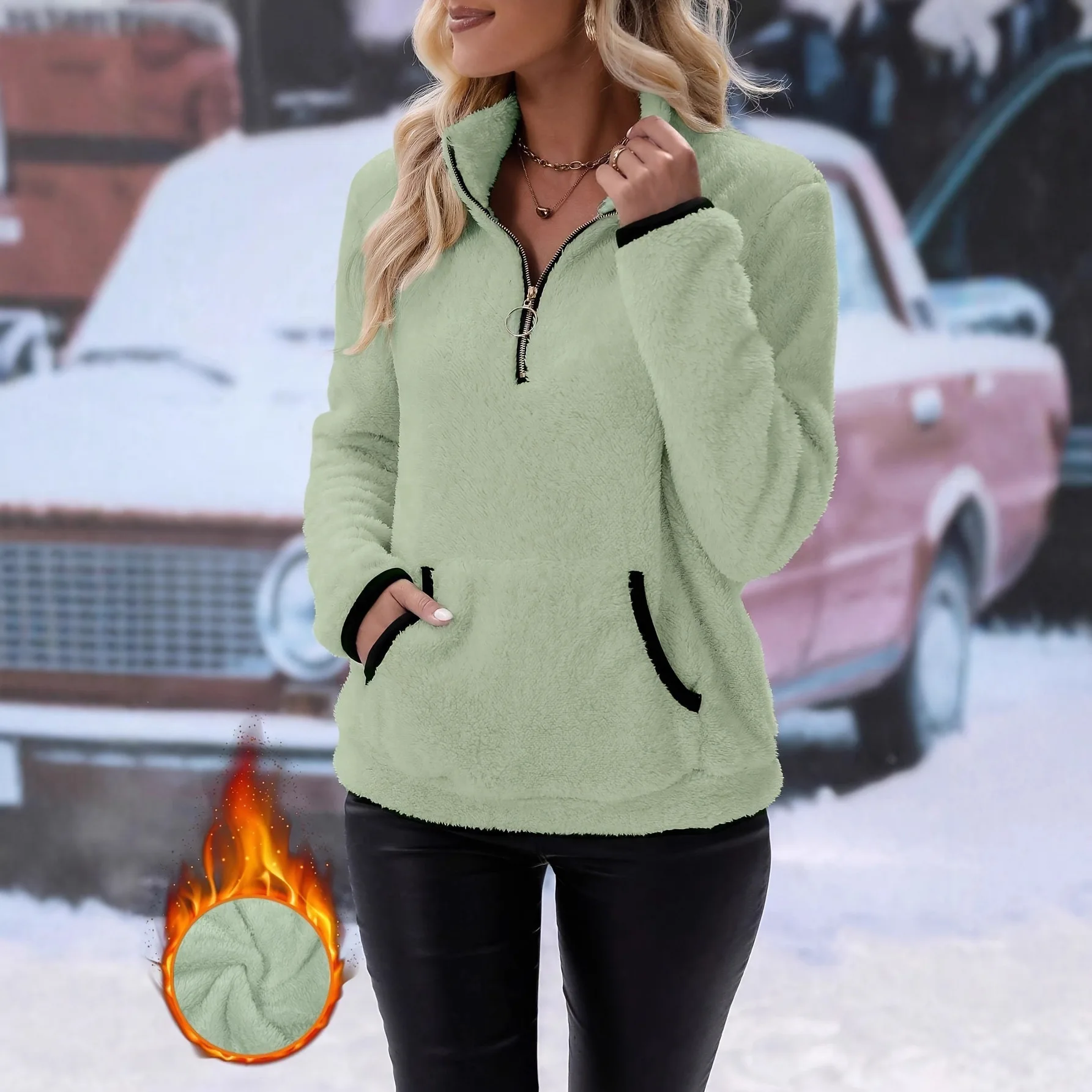 

2025 Knitted Winter Warm Plush Half-Zip Solid Color Pullover Sweater Women's Pocket Long Sleeve Versatile Lapel Jacquard Sweater
