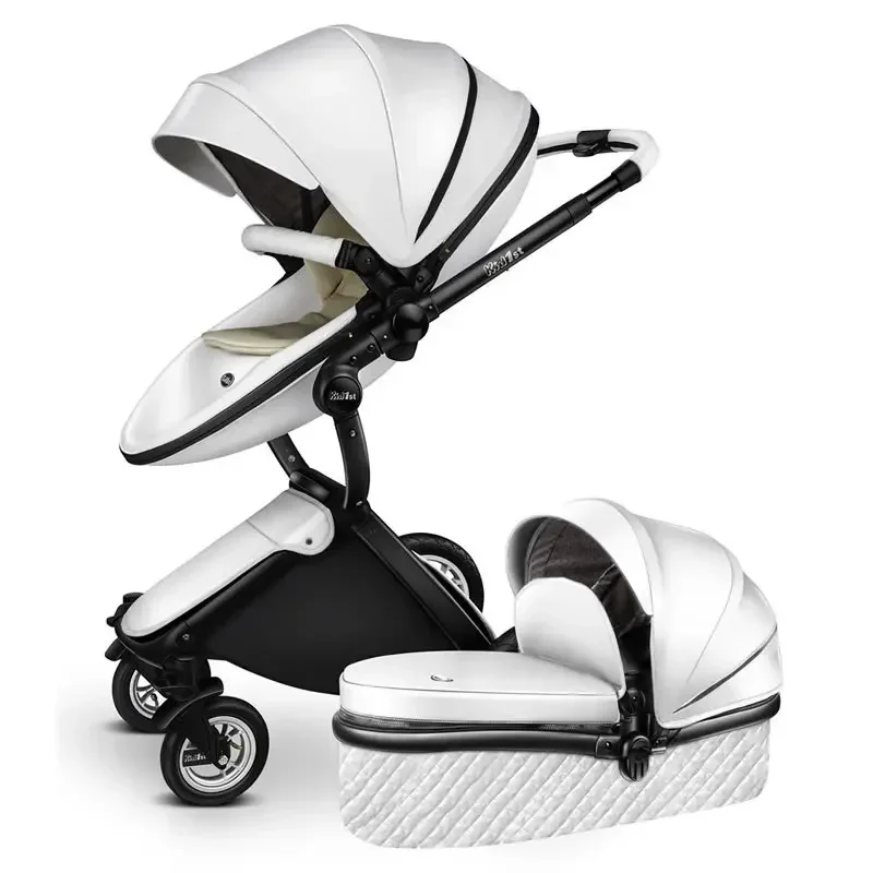 High-quality PU leather Baby Stroller 2in1 High Landscape Baby Carriage Pram Can Sit Reclining Folding Light Kids car