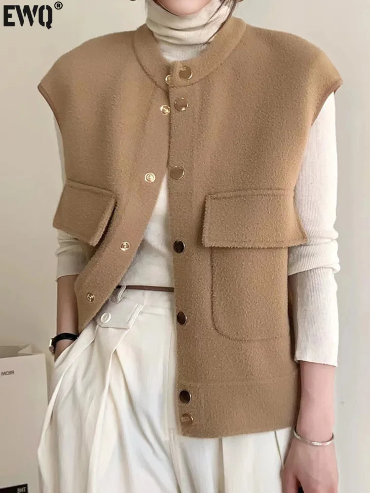 [EWQ] Korean Style Sleeveless Thick Woolen Waistcoats Single Breasted Fashion Basic Vest Women Autumn 2024 Winter New 16O1435