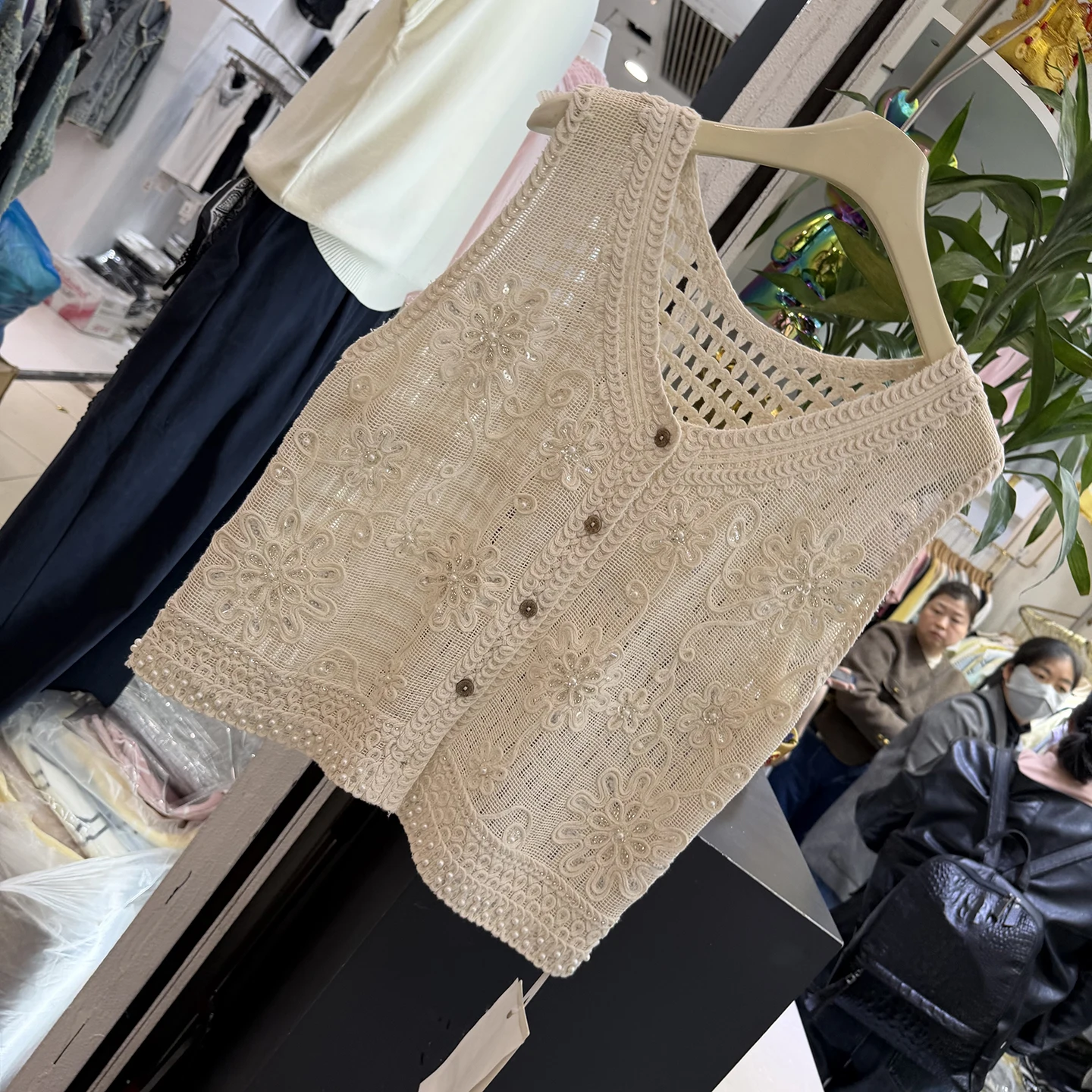 Heavy Embroidery Sequin Hollow Knitted V-neck Open Cardigan Vest Women Summer New Style Sleeveless Versatile Layered Top