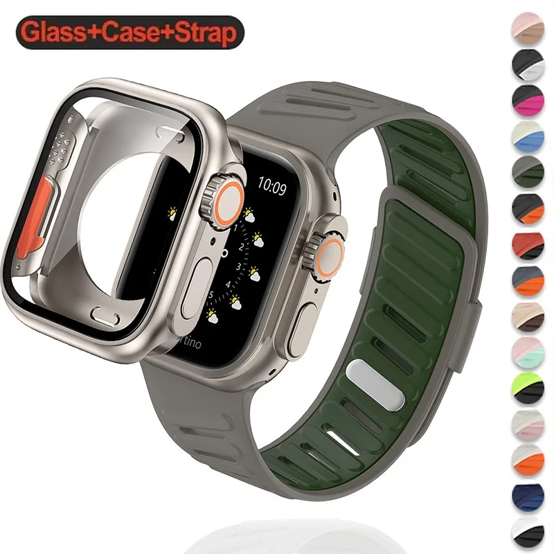 Silikonarmband für Apple Watch 44 mm 45 41 40 mm Armband + Displayschutzfolien Wechseln Sie nach Ultra für iWatch Serie 11 10 9 8 7 SE 6 5 3