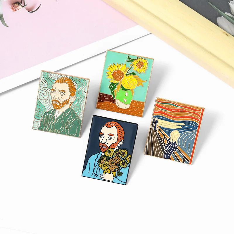 Oil Painting Enamel Pins Custom The Scream Sunflower Van Gogh Brooches Bag Clothes Lapel Pin Badge Art Jewelry Gift for Friends