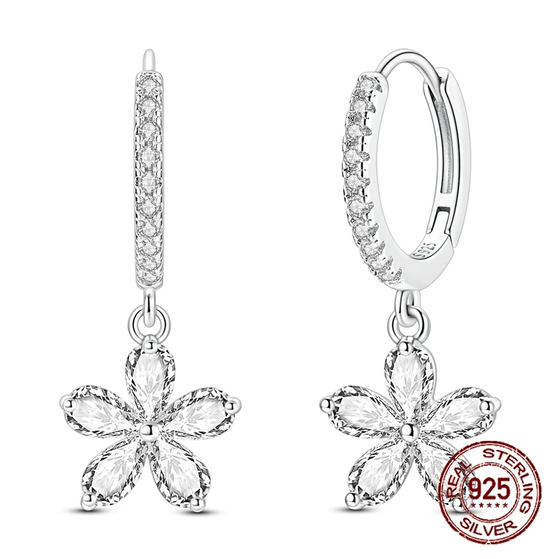 

925 Sterling Silver CZ Huggie Hoop Earrings Dainty Five Petal Flower Drop Earrings Cherry Blossom Jewelry Gift for Women
