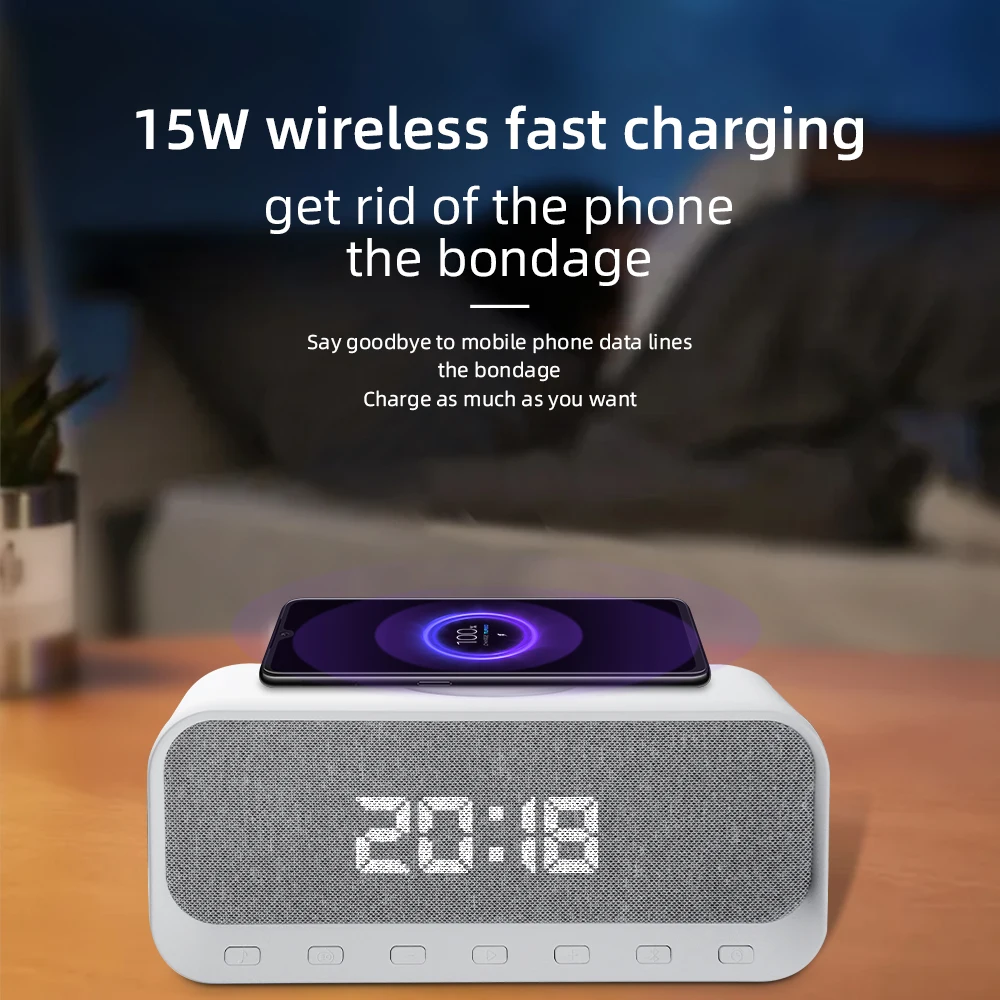

15W Fast Charger Speakers LED Display Multi-function Alarm Clock FM Radio Sleep Mode Hi-Fi Stereo Wireless Amplifiers Speaker