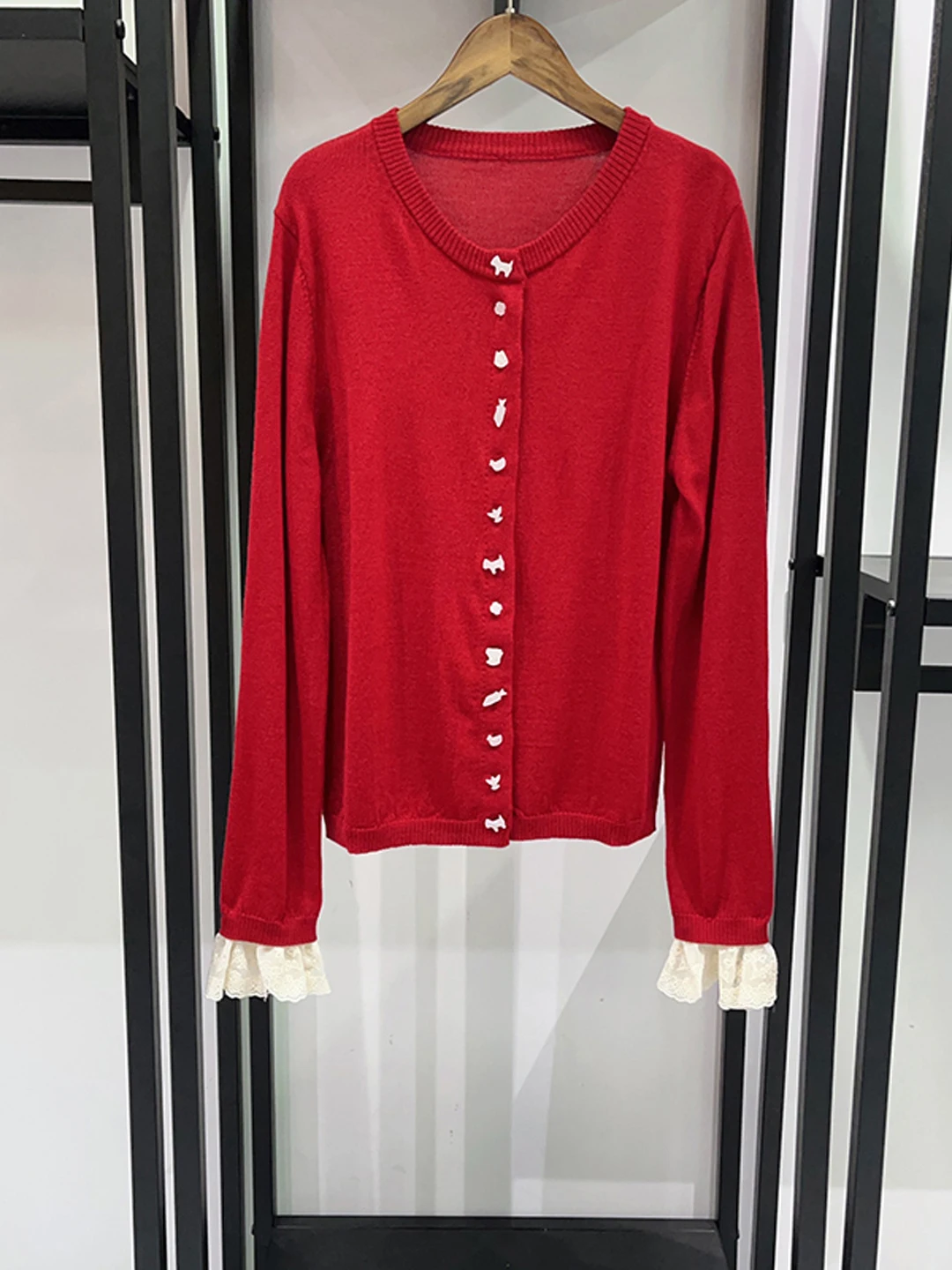  Early Spring Knitted Cardigan Lace Sve Cuffs Detachable round Ne Soft Wool Blend French Sle Women's Open-irt