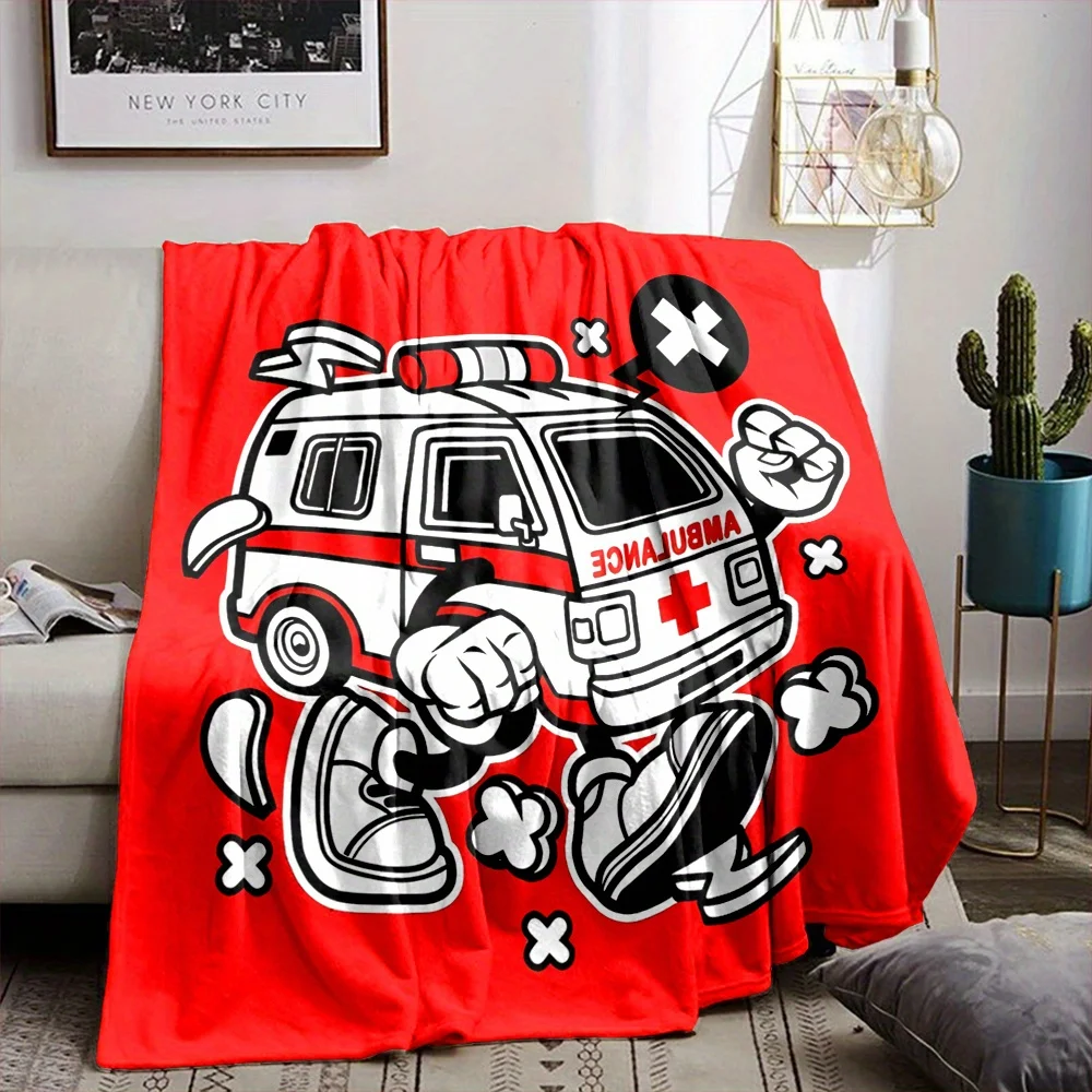 Contemporary Style Reversible Flannel Fleece Throw Blanket, Cute Running Ambulance Print, Digital Print
